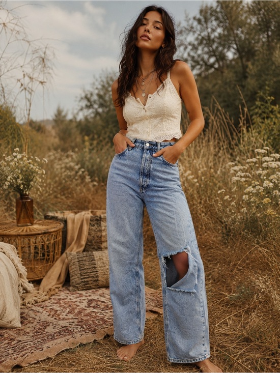 We The Free Denim - We The Free High Rise Light Blue Distressed Wide Leg Jeans